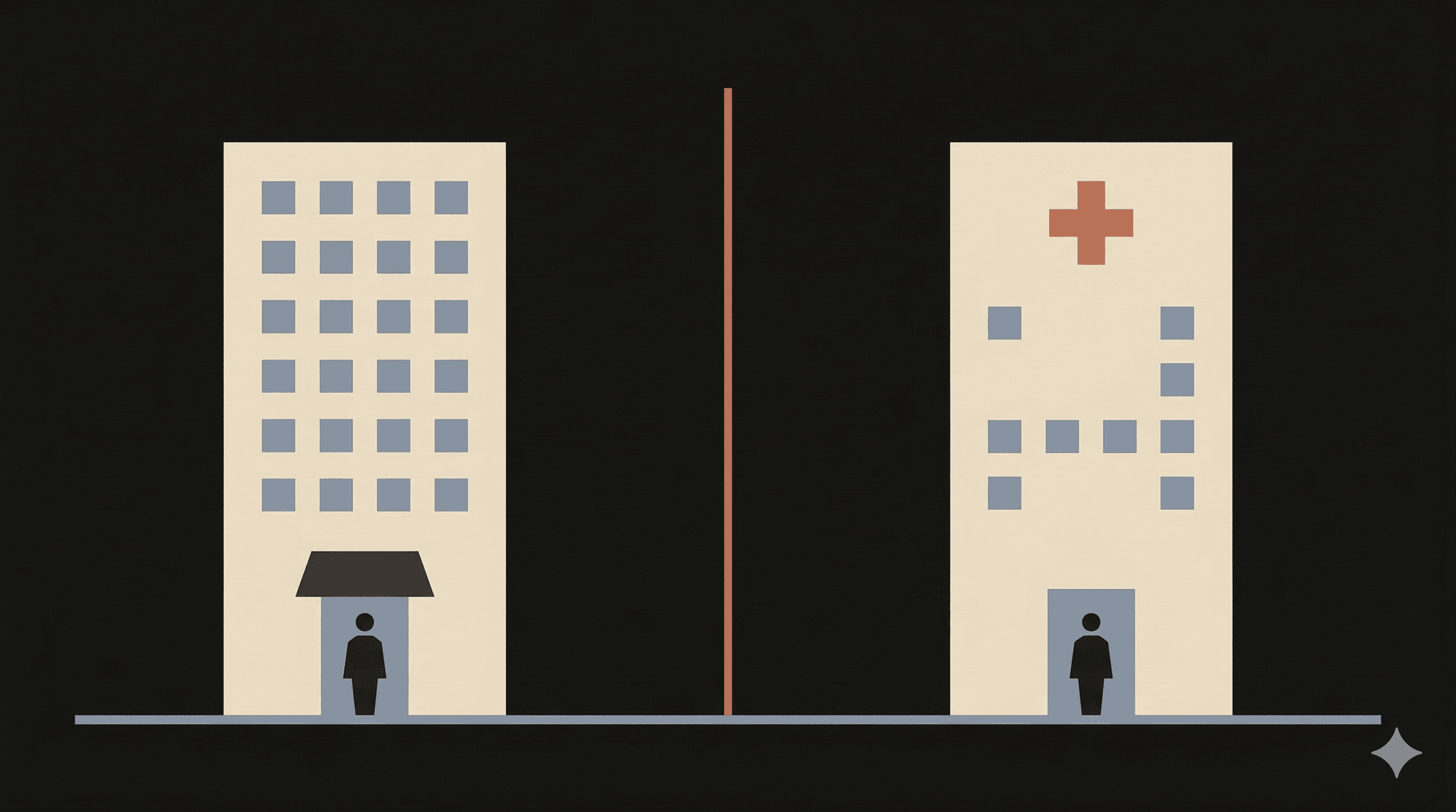 Side-by-side illustration comparing a hotel and a small medical practice, showing parallel operational workflows